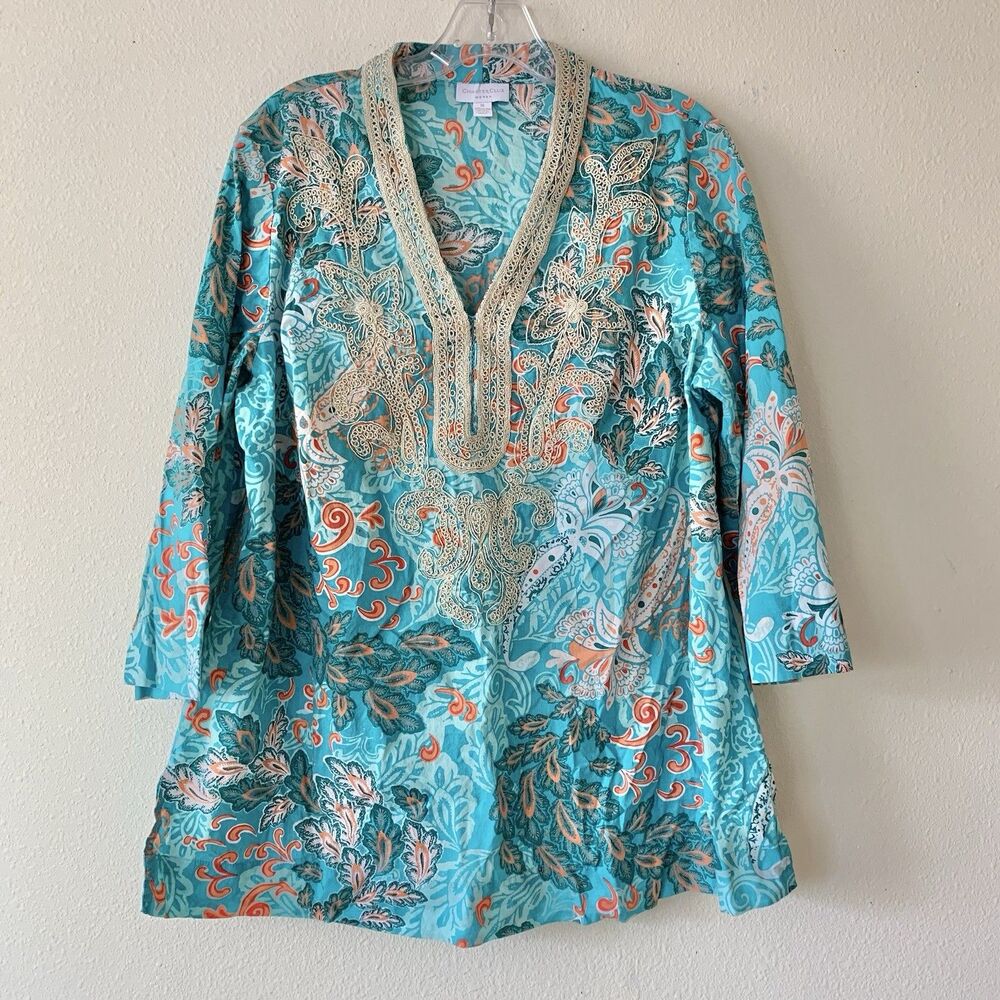 Charter Club Women's Embroidered Tunic V-Neck Cotton Turquoise Boho Top 1X - Picture 2 of 6